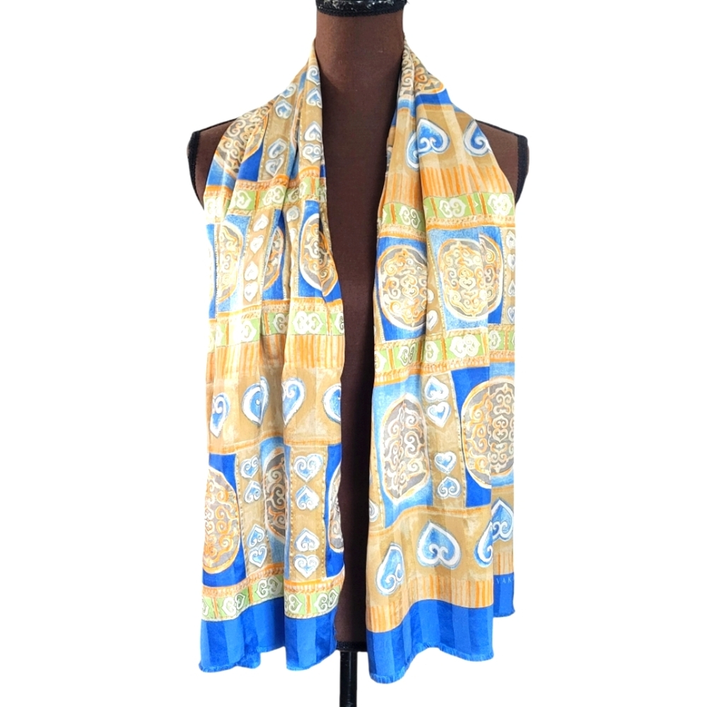 Vakko Rectangle Scarf 53x17 inches Blue Gold‎ Green Gold Metallic